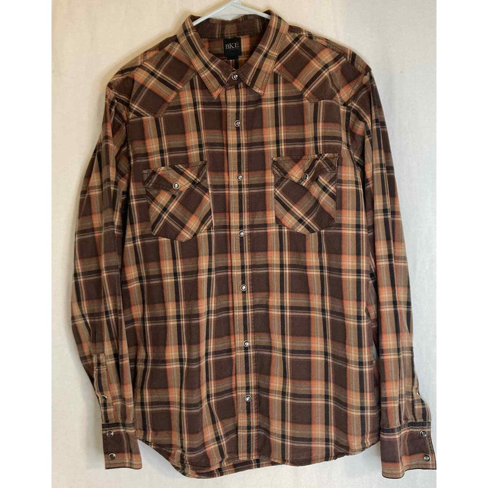 BKE Contour Western Shirt Mens XL Brown Orange Plaid Snap Front